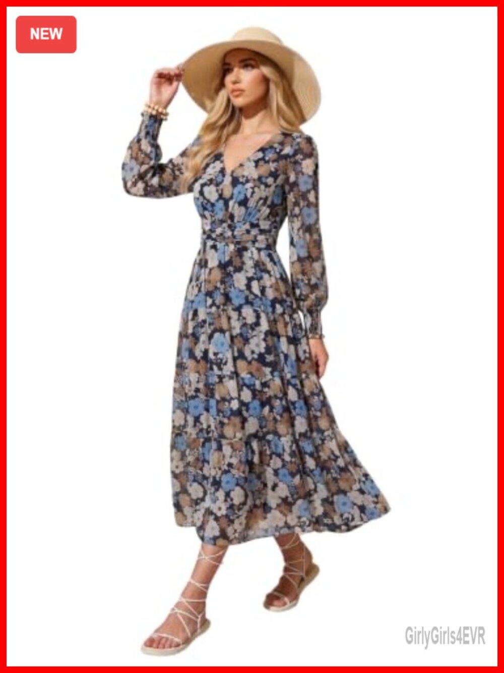 Women's Floral Print Maxi Dress Long Sleeve V-Neck Ruffled Tiered Boho Summer